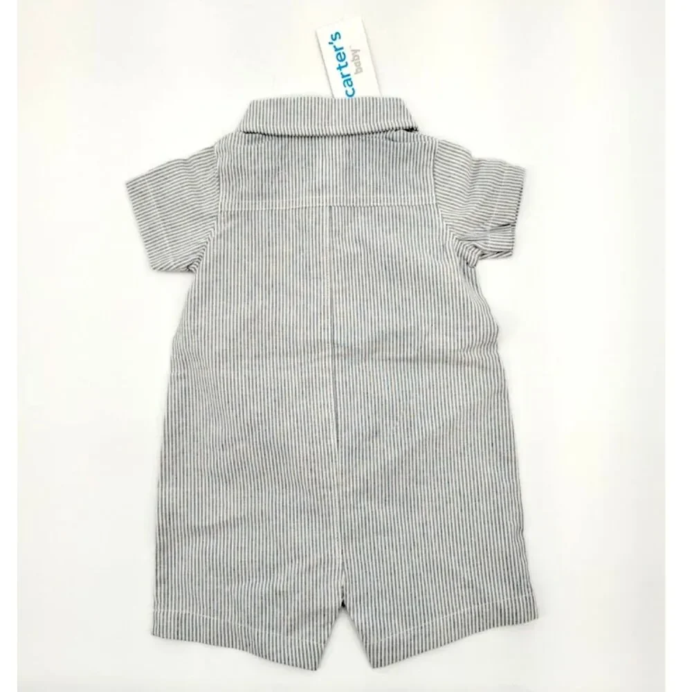 Carters Baby Boy Romper 6M Blue White Striped Oxford 100% Cotton Spring Easter